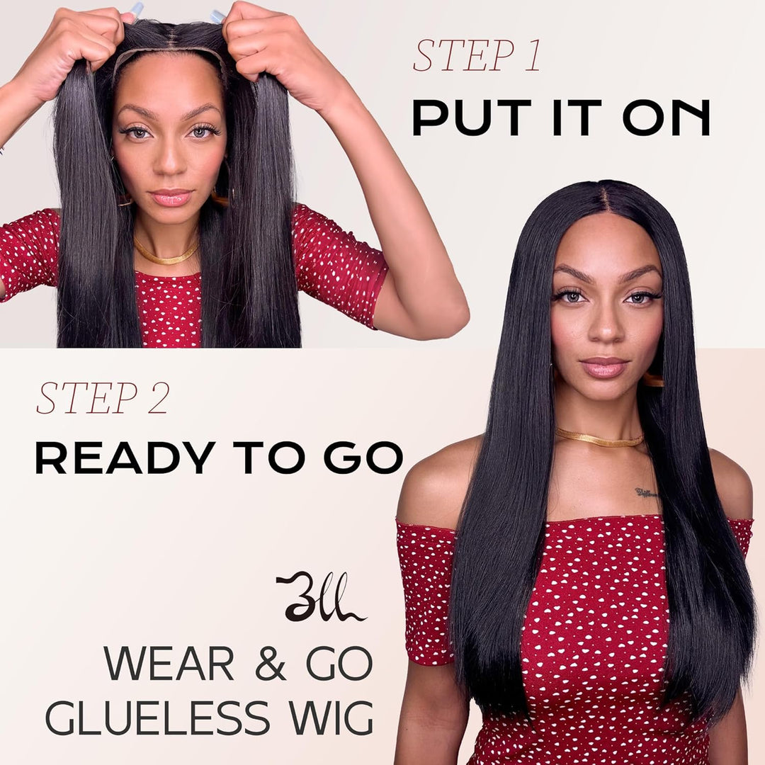 BLL Wear and Go Glueless Wigs, Pre Plucked Pre Cut Lace 6x4.5 Lace Front Wig for Beginners 26inch Natural Black Straight Glueless Synthetic Wig for Black Women