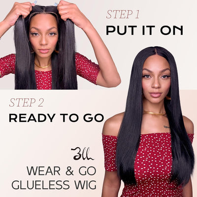 BLL Wear and Go Glueless Wigs, Pre Plucked Pre Cut Lace 6x4.5 Lace Front Wig for Beginners 26inch Natural Black Straight Glueless Synthetic Wig for Black Women